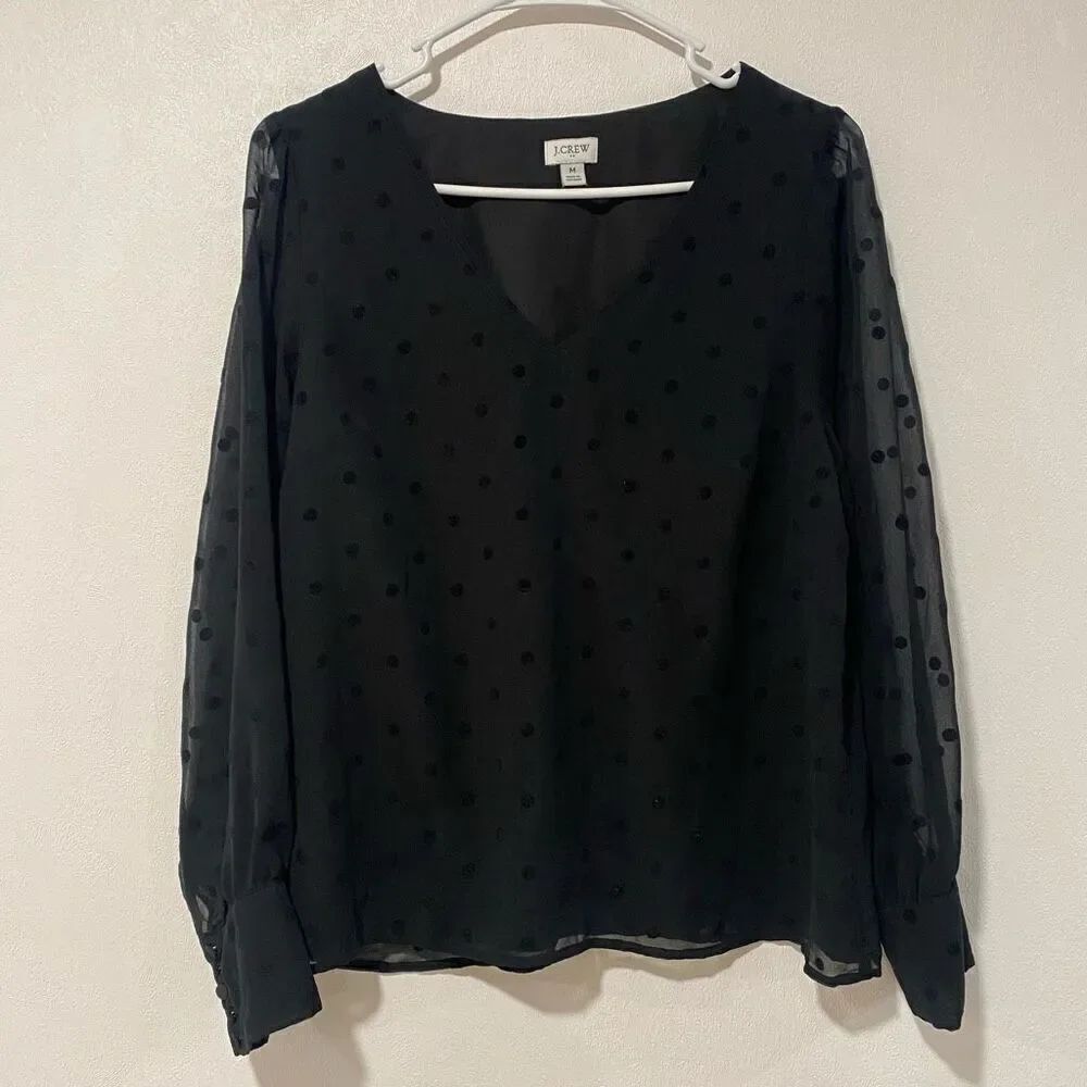 J.Crew Black Sheer Polka Dot Blouse | Size M Long Sleeve